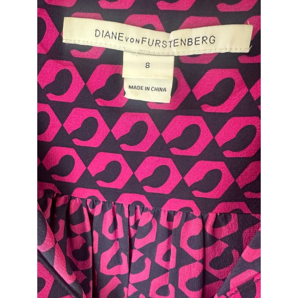 Diane von Furstenberg Silk Button Blouse Pink Navy Top Lorelei Chain DVF Size 8 - Picture 12 of 16